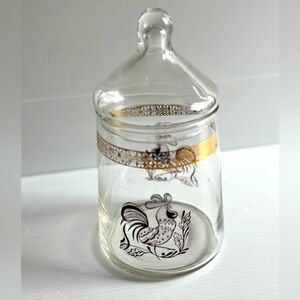 Vintage Rooster Glass Apothecary Jar with Lid Gold Band